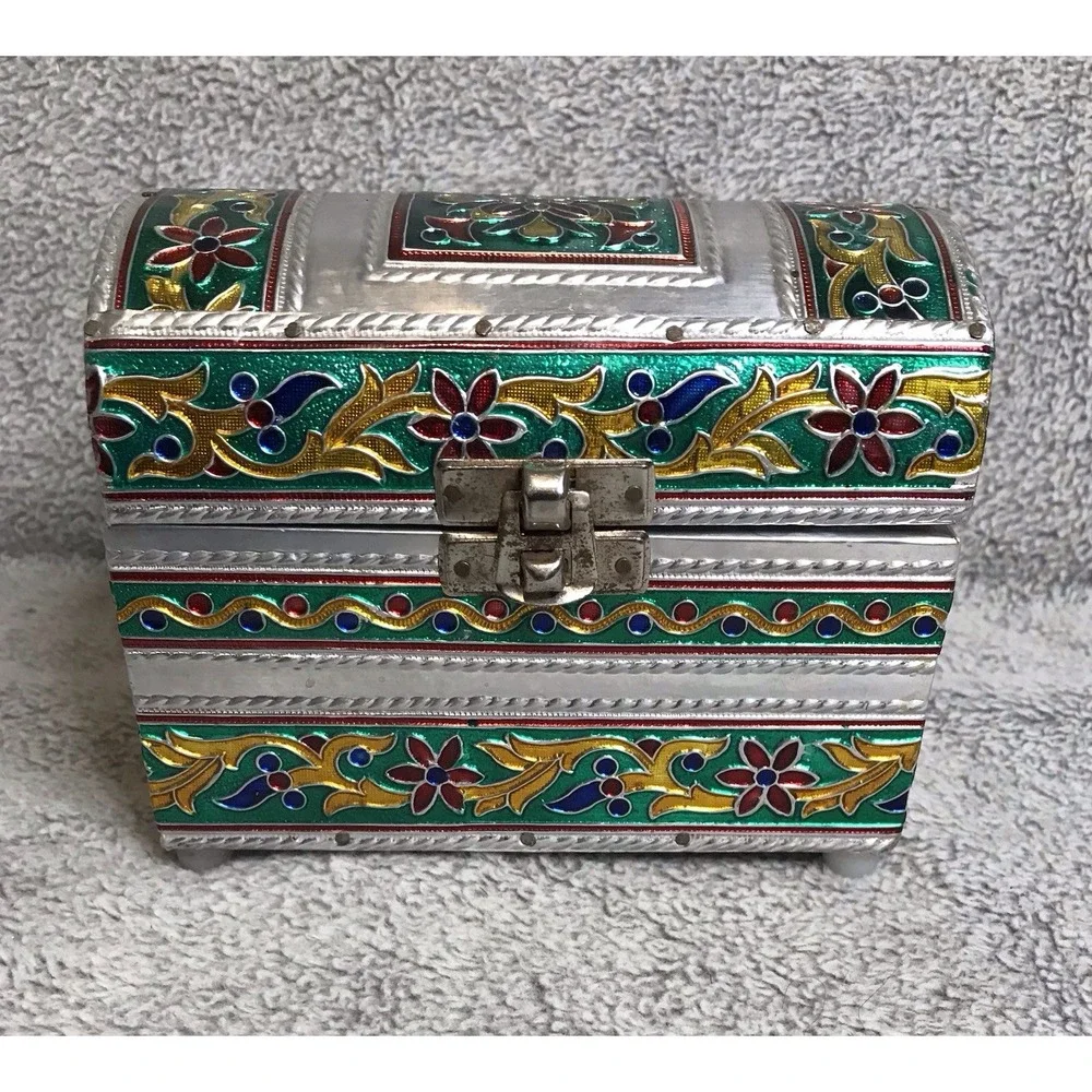 Indian Meenakari Metal Enamel Cloisonné‎ Box Trinket Jewelry Box Green Silver